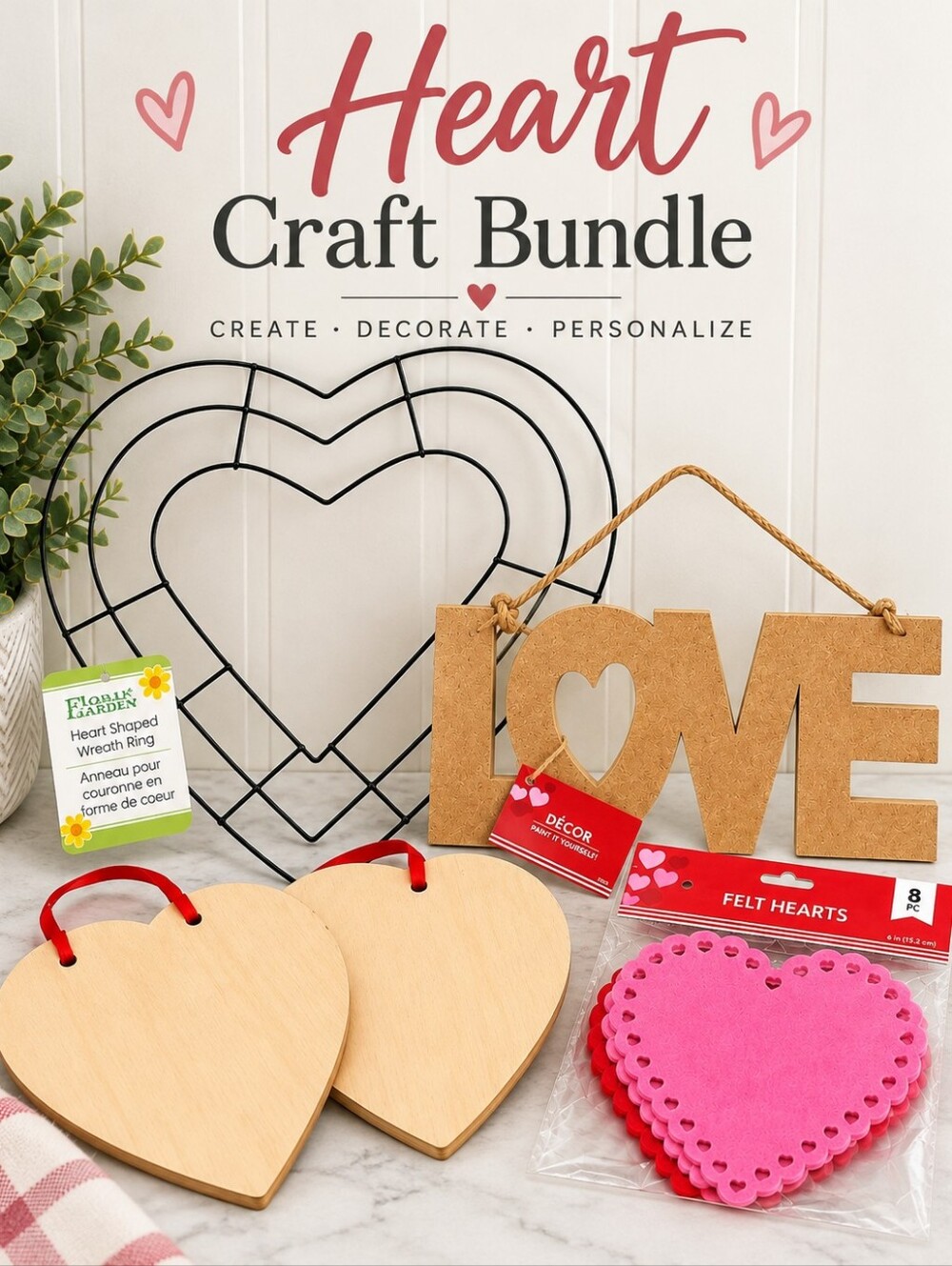 Heart Craft Bundle – Wreath Frame, Wood Signs & Felt Hearts